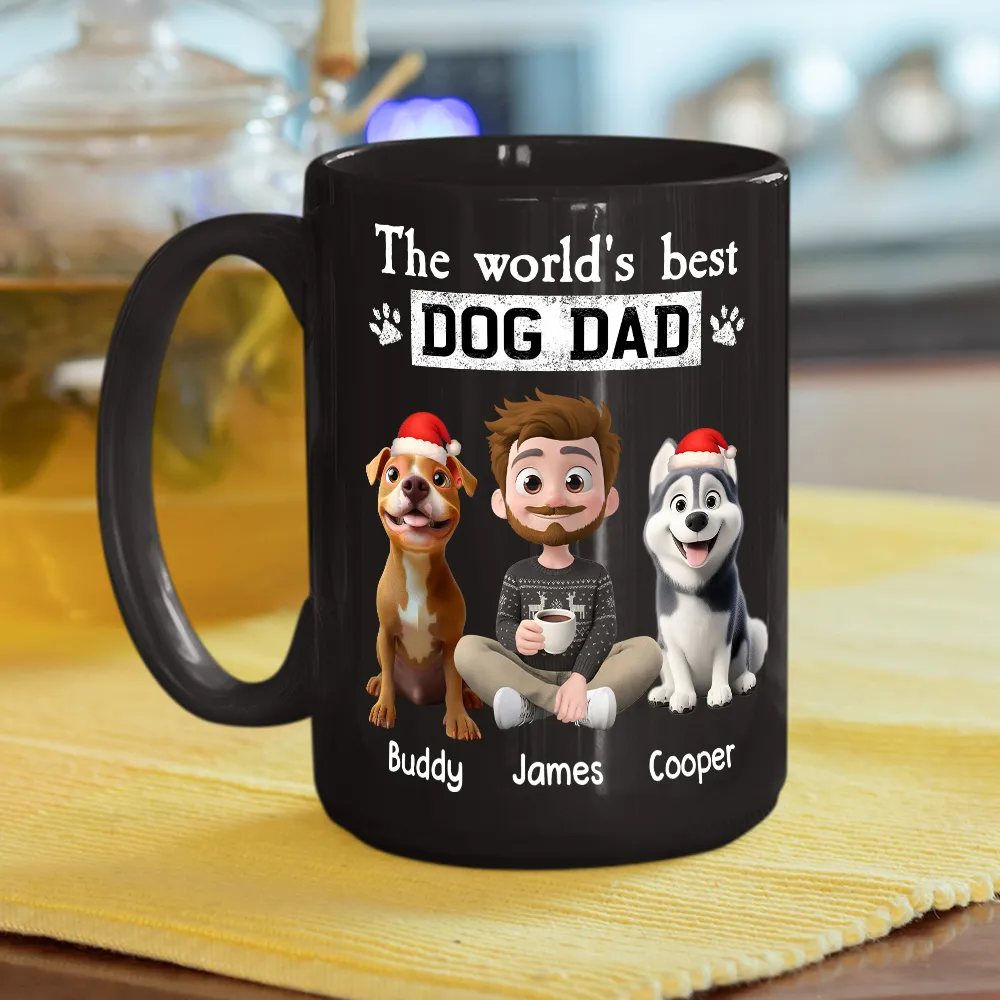 Dog Dad Mug - World's Best design, cartoon man & dog with Santa hat, personalized, creative Christmas gift for Dad - Image 3