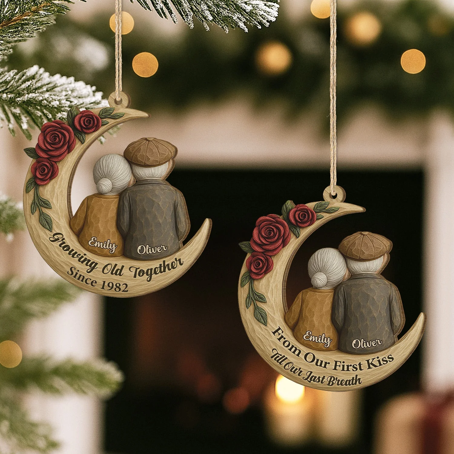 Ornament - Crescent Moon Wood with Elderly Couple & Roses, Romantic Tree Decor, unique gift for Grandparents and Couples - Image 2