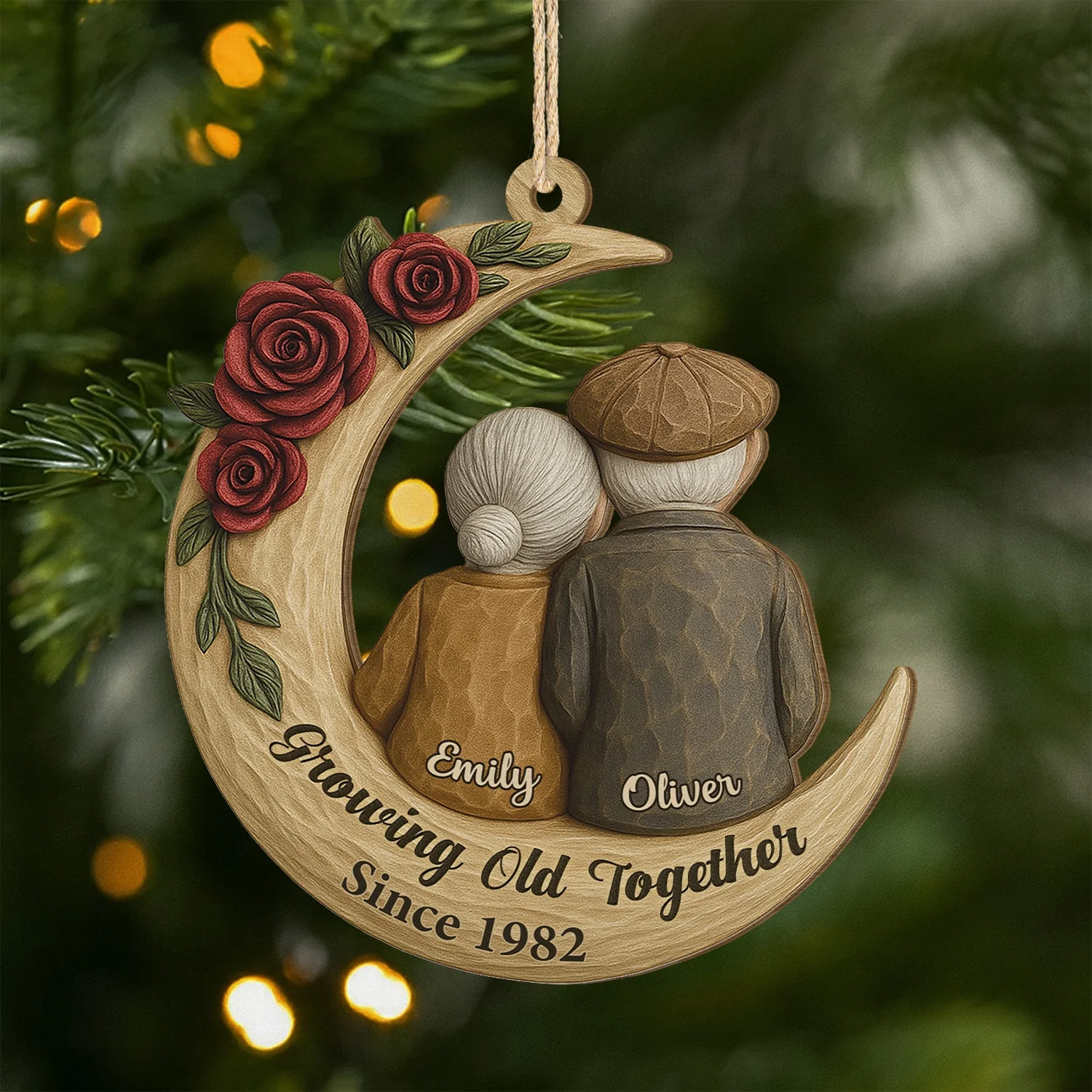 Ornament - Crescent Moon Wood with Elderly Couple & Roses, Romantic Tree Decor, unique gift for Grandparents and Couples - Image 3