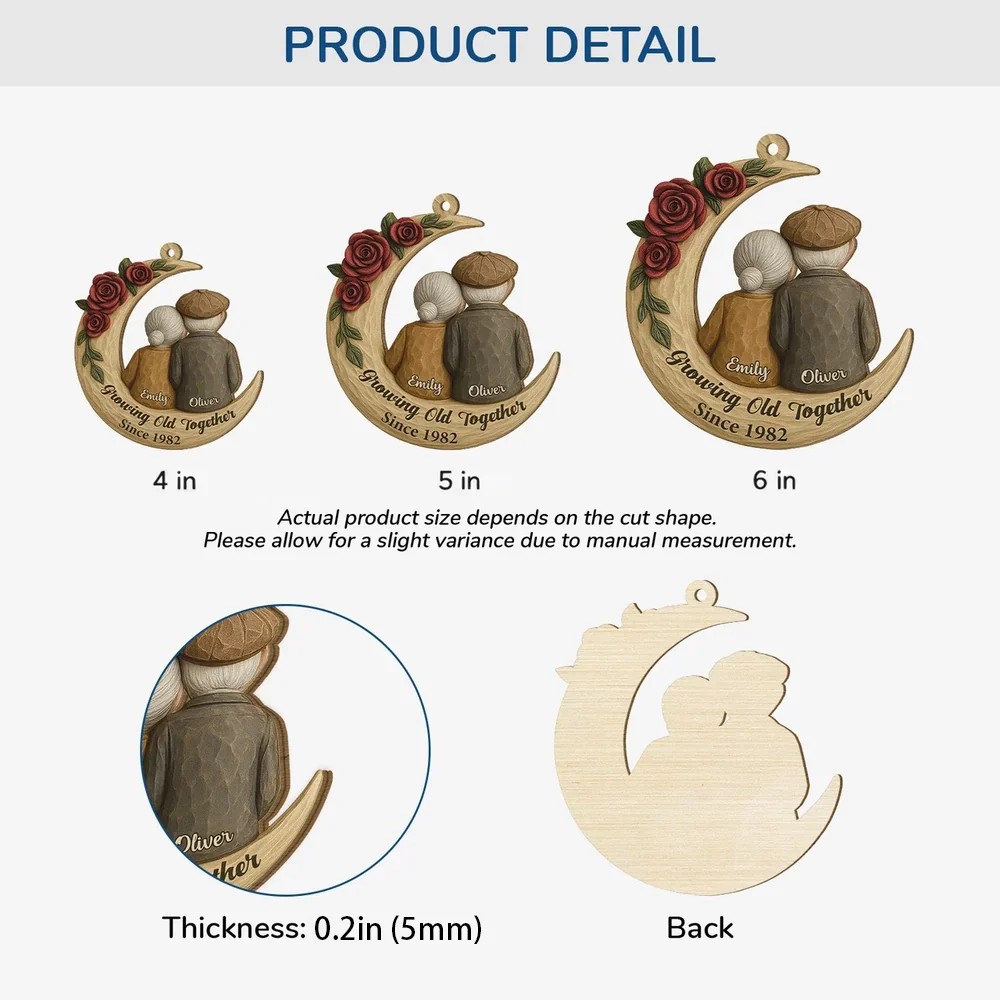 Ornament - Crescent Moon Wood with Elderly Couple & Roses, Romantic Tree Decor, unique gift for Grandparents and Couples - Image 4