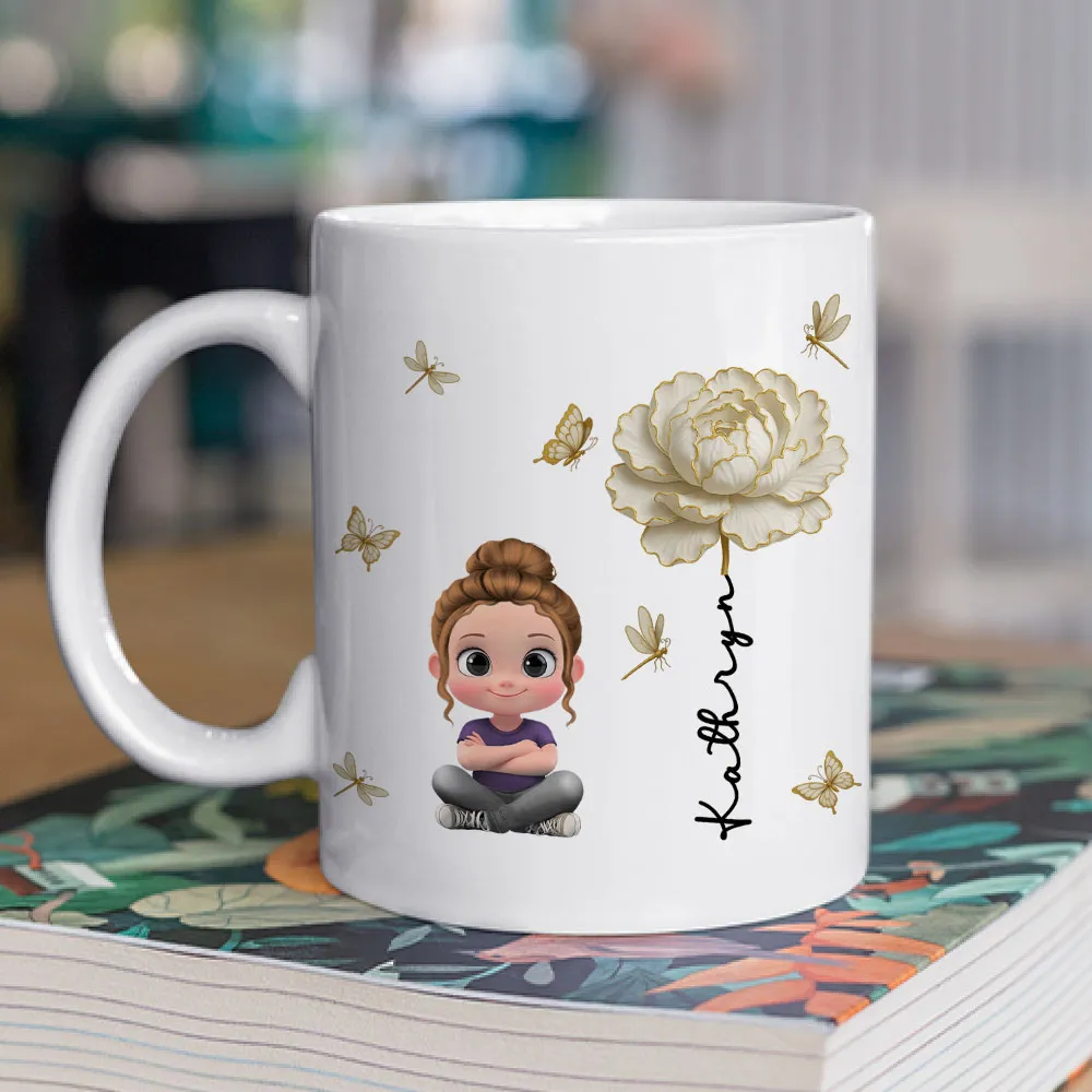 White Ceramic Mug, Custom Cute Girl Art with Butterflies & Rose, Minimal Style, Creative Gift for Grandma, Mom, or Friend - Image 2