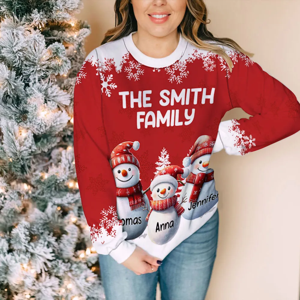 Printed Sweatshirt with All-Over Snowflakes & Snowman Family, Christmas-Ready Comfort, Unique Heartwarming Gift for Families - Image 5