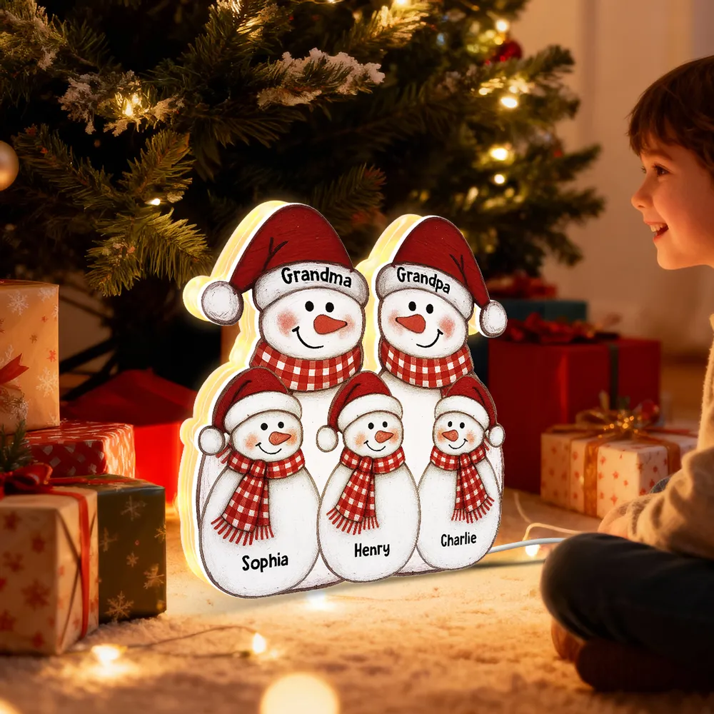 Acrylic Light Box with Folk-Art Snowman Family, Christmas decor, warm glow, unique personalized gift for Grandparents - Image 2