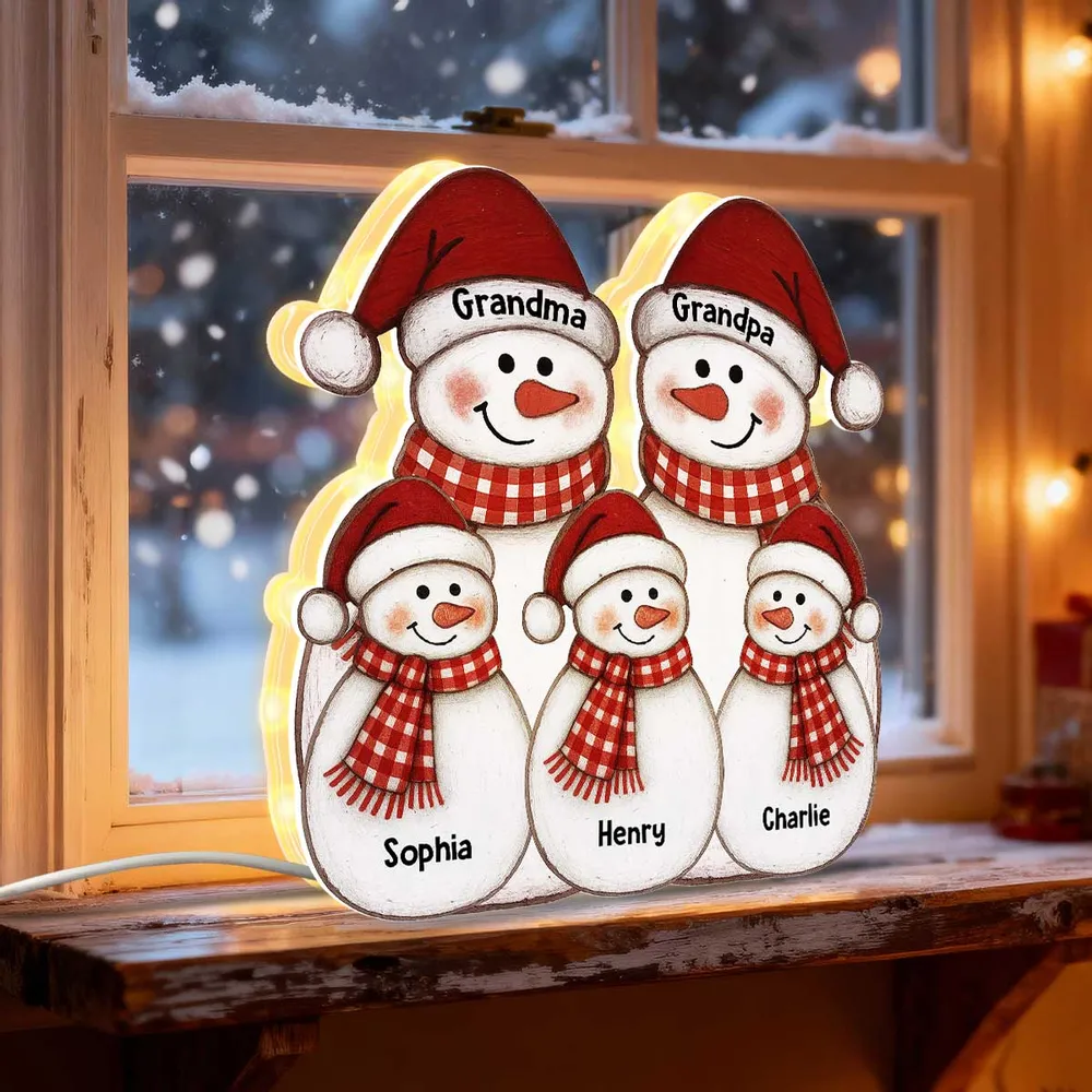 Acrylic Light Box with Folk-Art Snowman Family, Christmas decor, warm glow, unique personalized gift for Grandparents - Image 7
