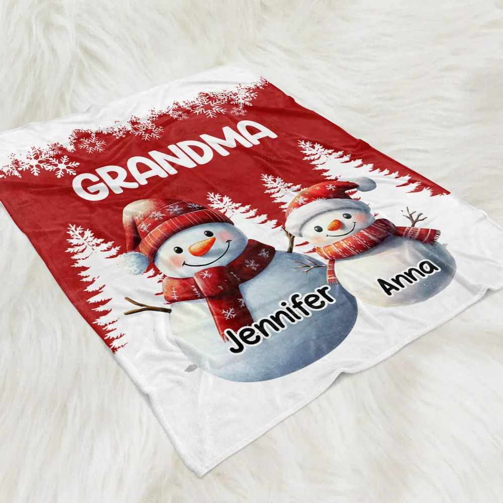 Fleece Blanket, Cute Snowman Family, Personalized, Snowy Forest Red & White, Cozy Winter Decor, Unique Grandma Gift - Image 5