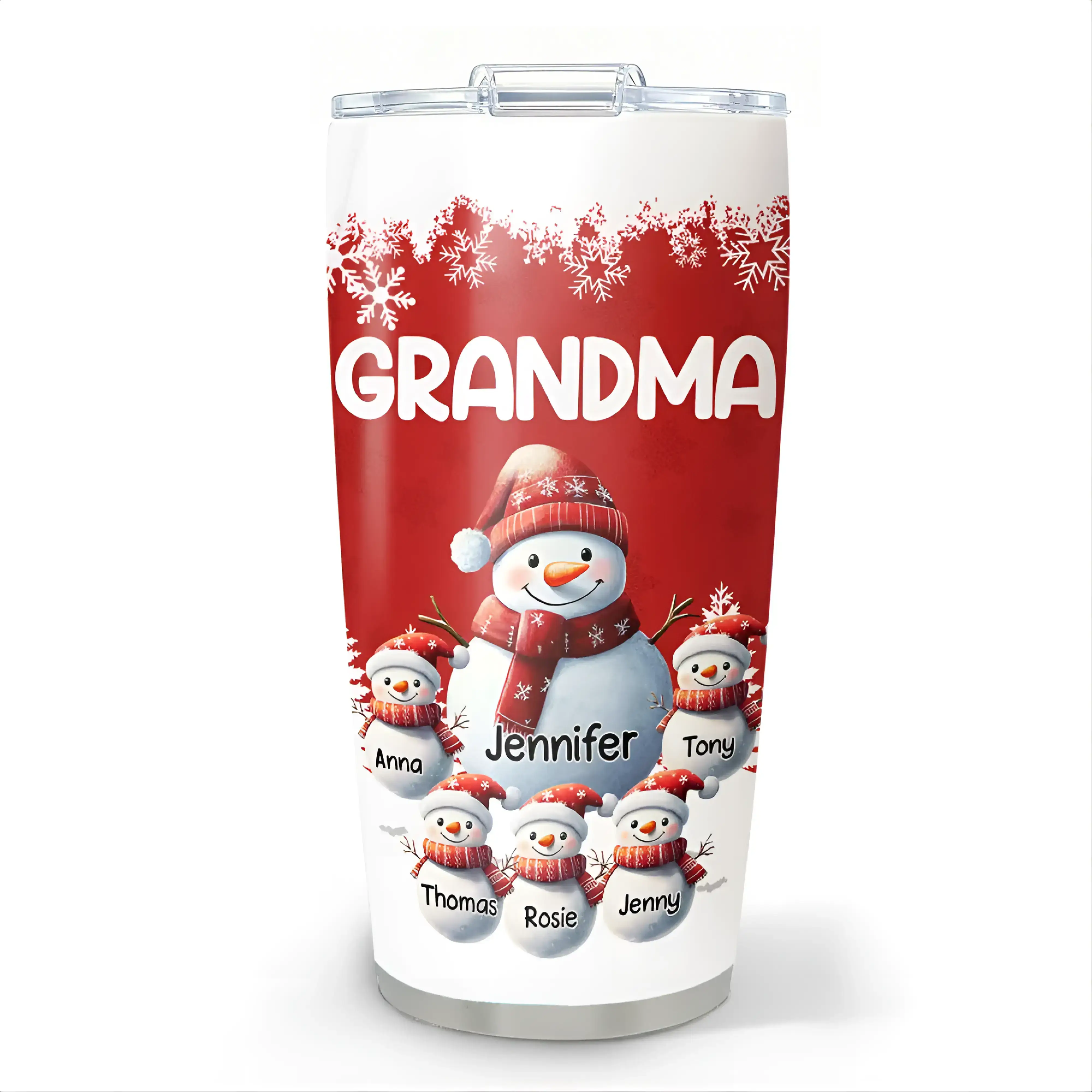 Snowman Grandma Insulated Travel Tumbler with personalized family names, cozy Christmas and winter gift - Image 2
