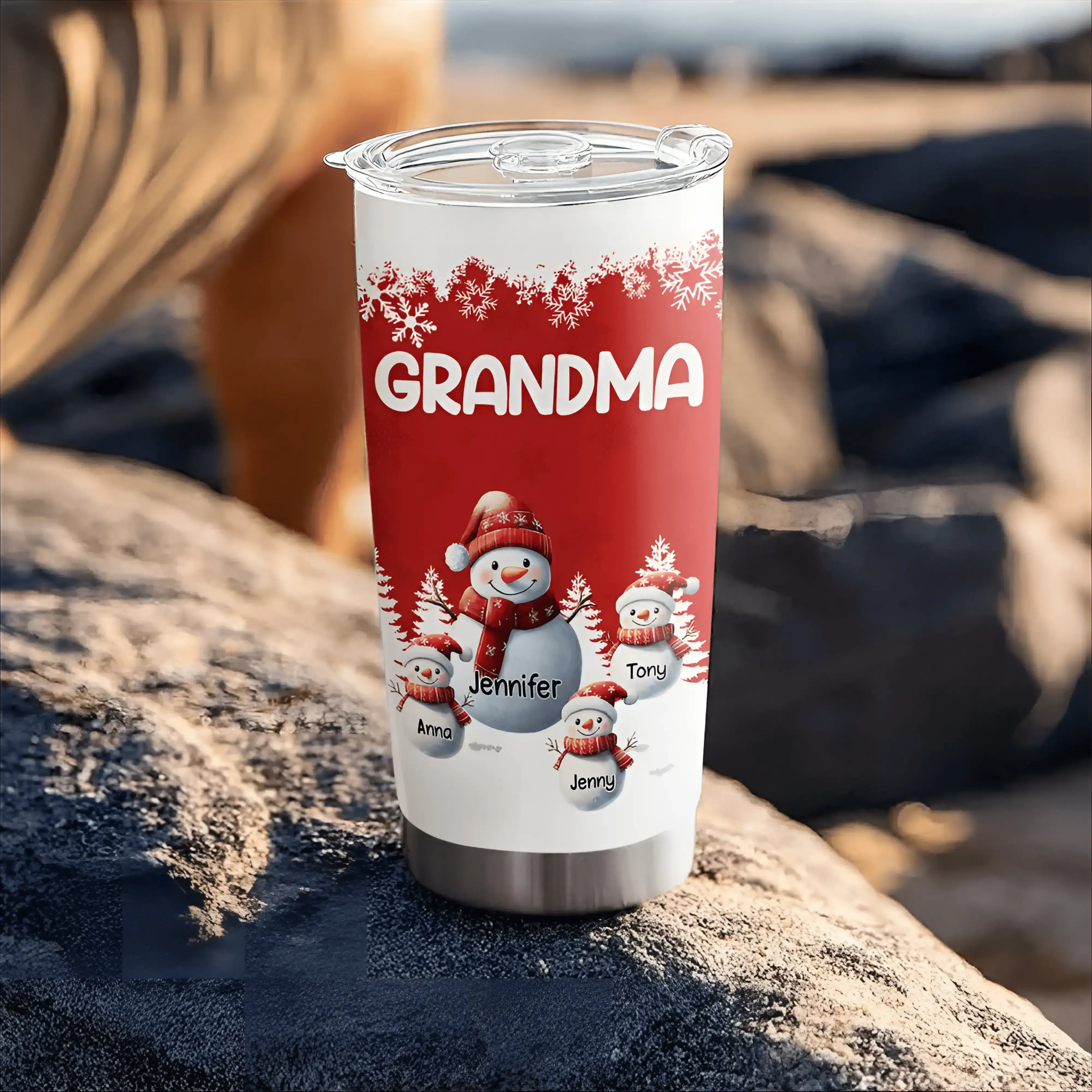 Snowman Grandma Insulated Travel Tumbler with personalized family names, cozy Christmas and winter gift - Image 3