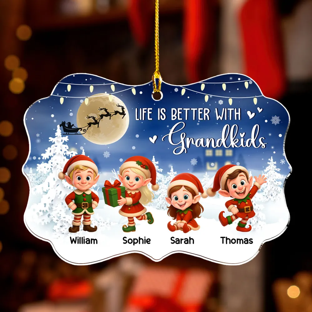 Acrylic Ornament - Life Is Better With Grandkids, cute elf scene in a moonlit snowy forest, a unique Christmas gift for Grandma and Grandpa - Image 2