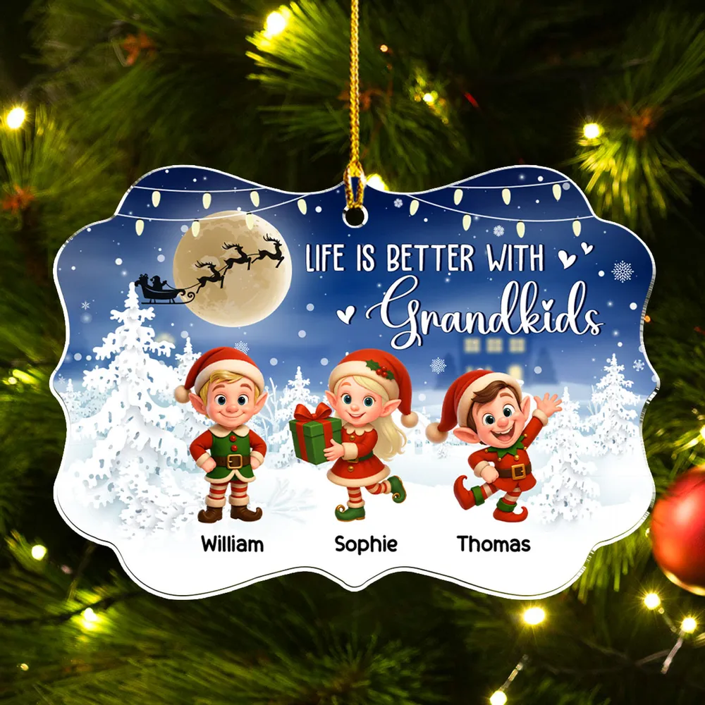 Acrylic Ornament - Life Is Better With Grandkids, cute elf scene in a moonlit snowy forest, a unique Christmas gift for Grandma and Grandpa - Image 5