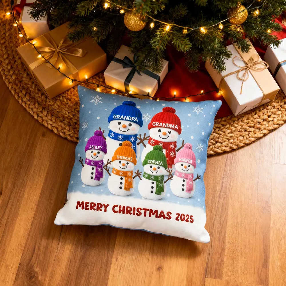 Square Pillow with Cute Snowman Family, plush velvet feel, festive room accent and creative gift for Grandma & Grandpa - Image 3