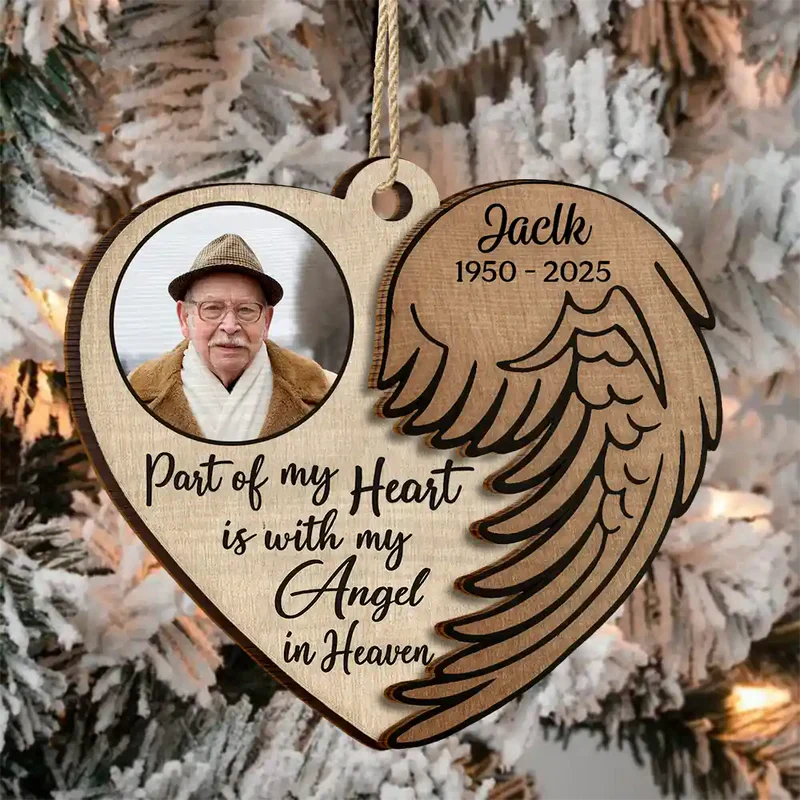 Wooden Ornament 2-Layer Heart with Angel Wing, Part of My Heart photo memorial, a unique gift for family - Image 6