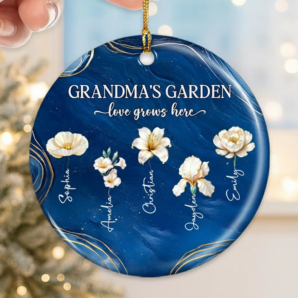 Grandma's Garden Ceramic Ornament, Birth Month Flowers, love grows here - unique gift for Grandma's Christmas tree