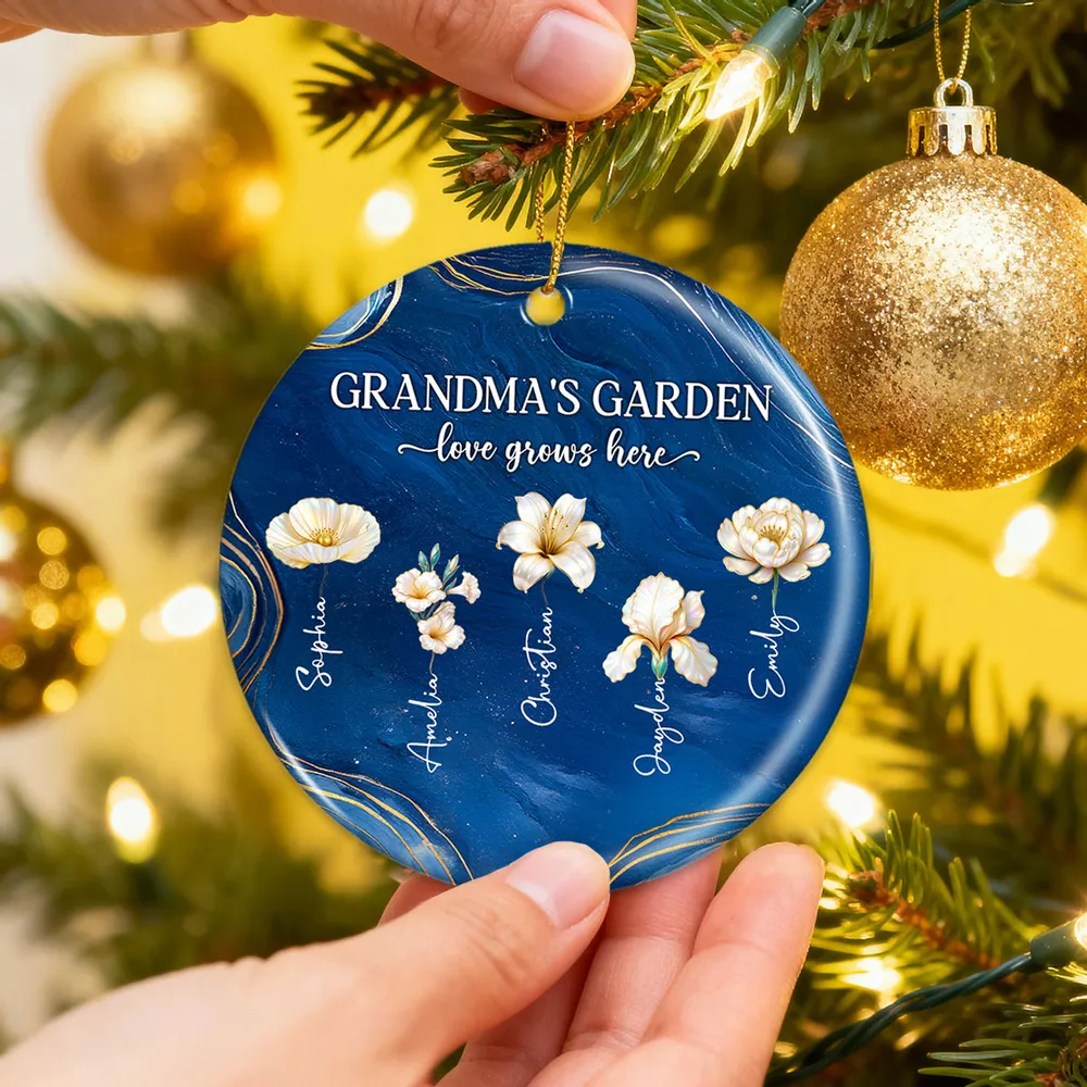 Grandma's Garden Ceramic Ornament, Birth Month Flowers, love grows here - unique gift for Grandma's Christmas tree - Image 5