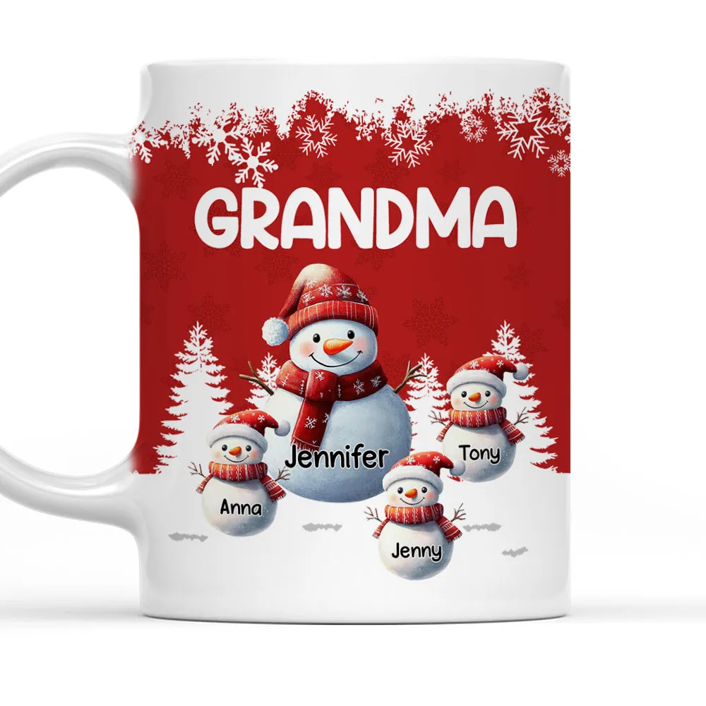 Grandma's Christmas Mug with Snowman Family, Cute Red Winter Scene, Durable Ceramic, Warm Morning Coffee, Creative Gift