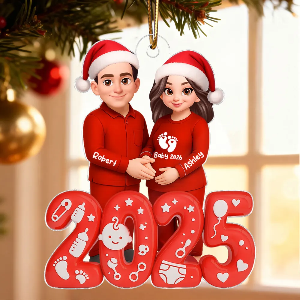 Acrylic Ornament for Expecting Parents - Personalized Santa-Hat Couple, Cozy Tree Keepsake, a unique gift for Mom-to-Be & Dad - Image 6