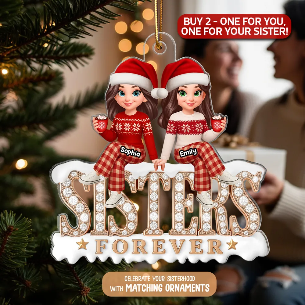 Sisters Forever Acrylic Ornament, Santa Hat Sisters with Cocoa, Christmas Tree Decor, unique gift for Sister - Image 5