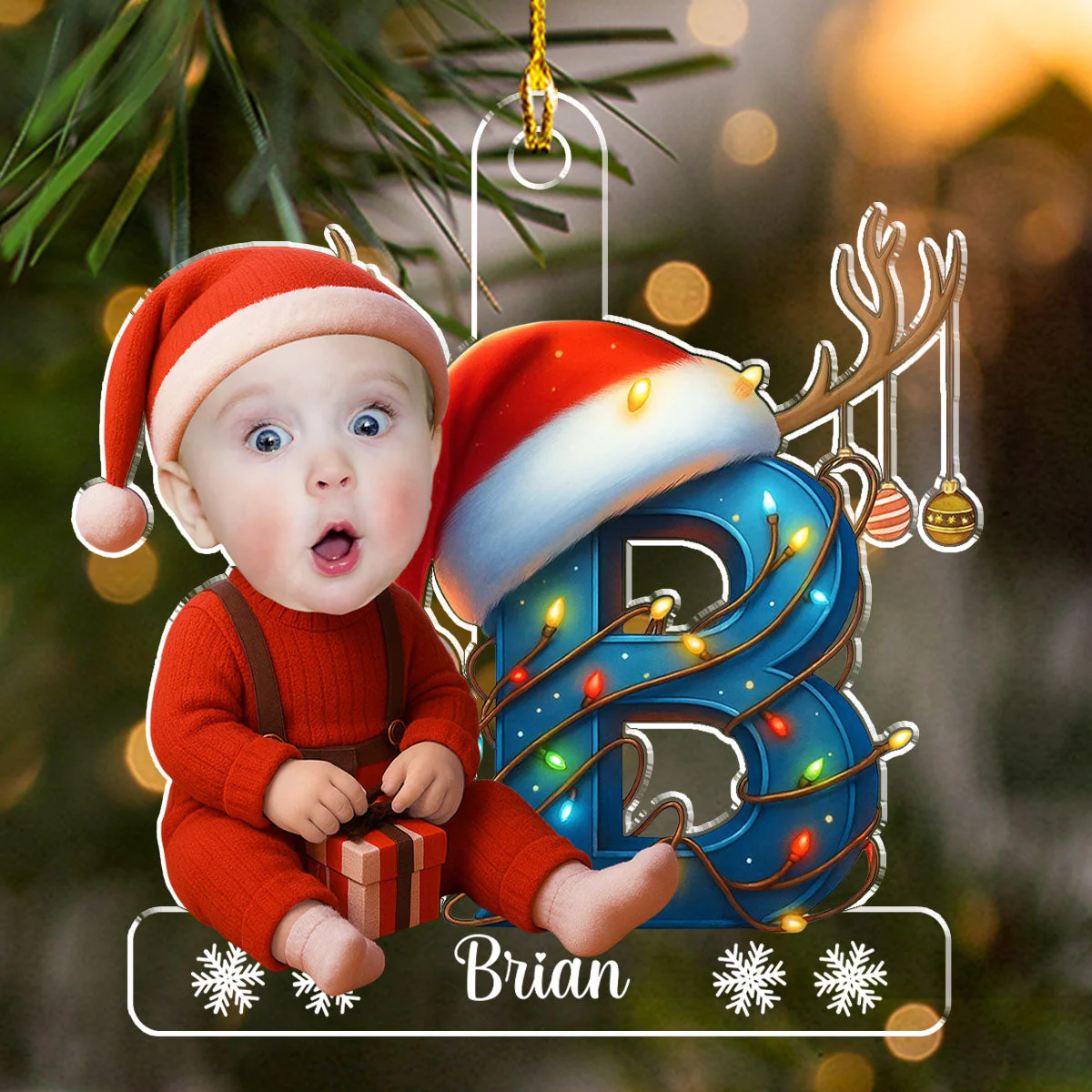 Christmas Acrylic Ornament - Photo Initial with Santa Hat & Lights, easy to hang, a unique gift for Parents & Grandparents - Image 3
