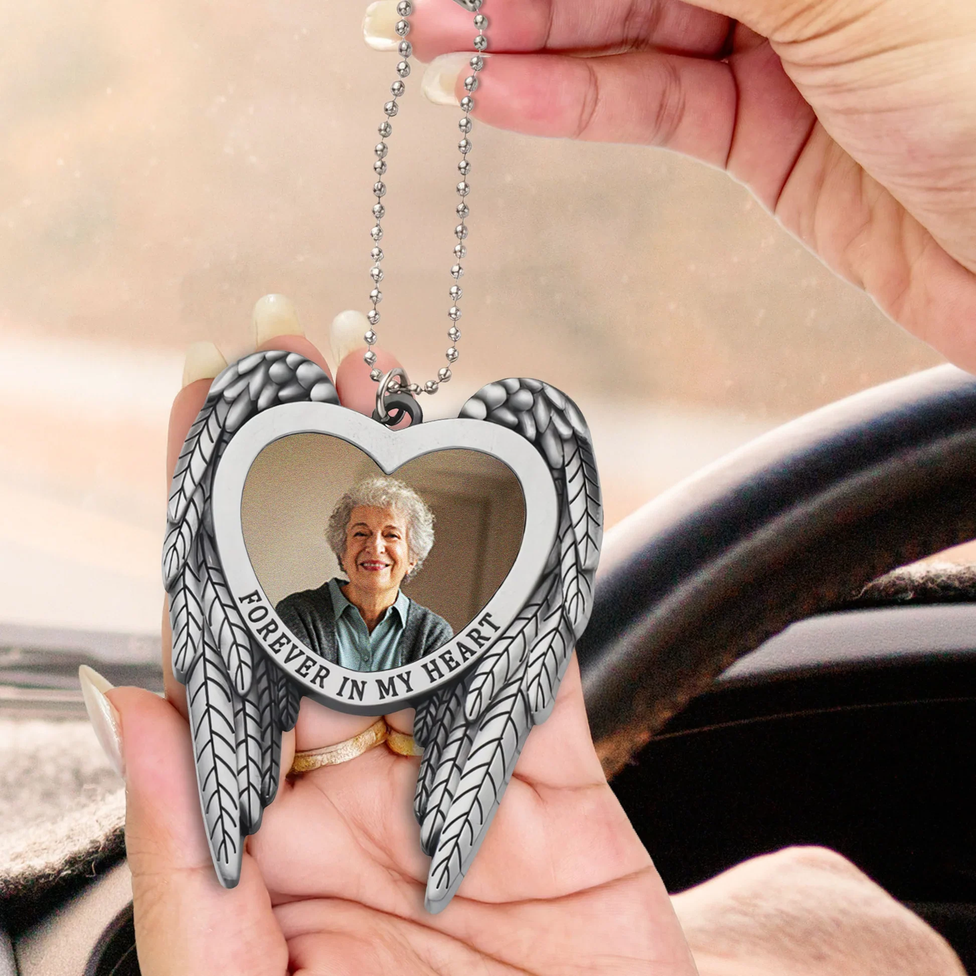 Angel Wings Heart Ornament for Car Mirror, Personalized Photo Memorial Keepsake, a unique gift for family - Image 2