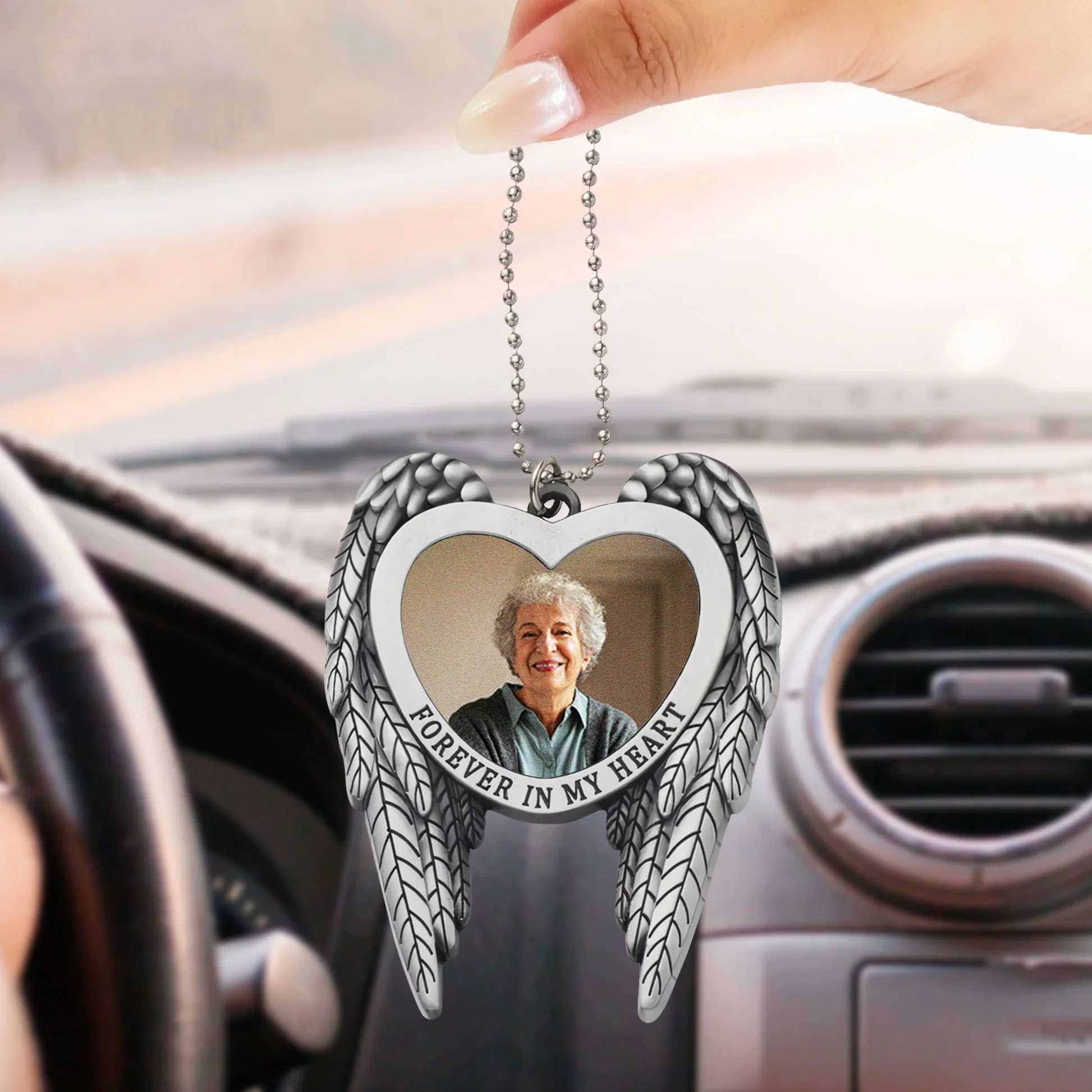 Angel Wings Heart Ornament for Car Mirror, Personalized Photo Memorial Keepsake, a unique gift for family - Image 5