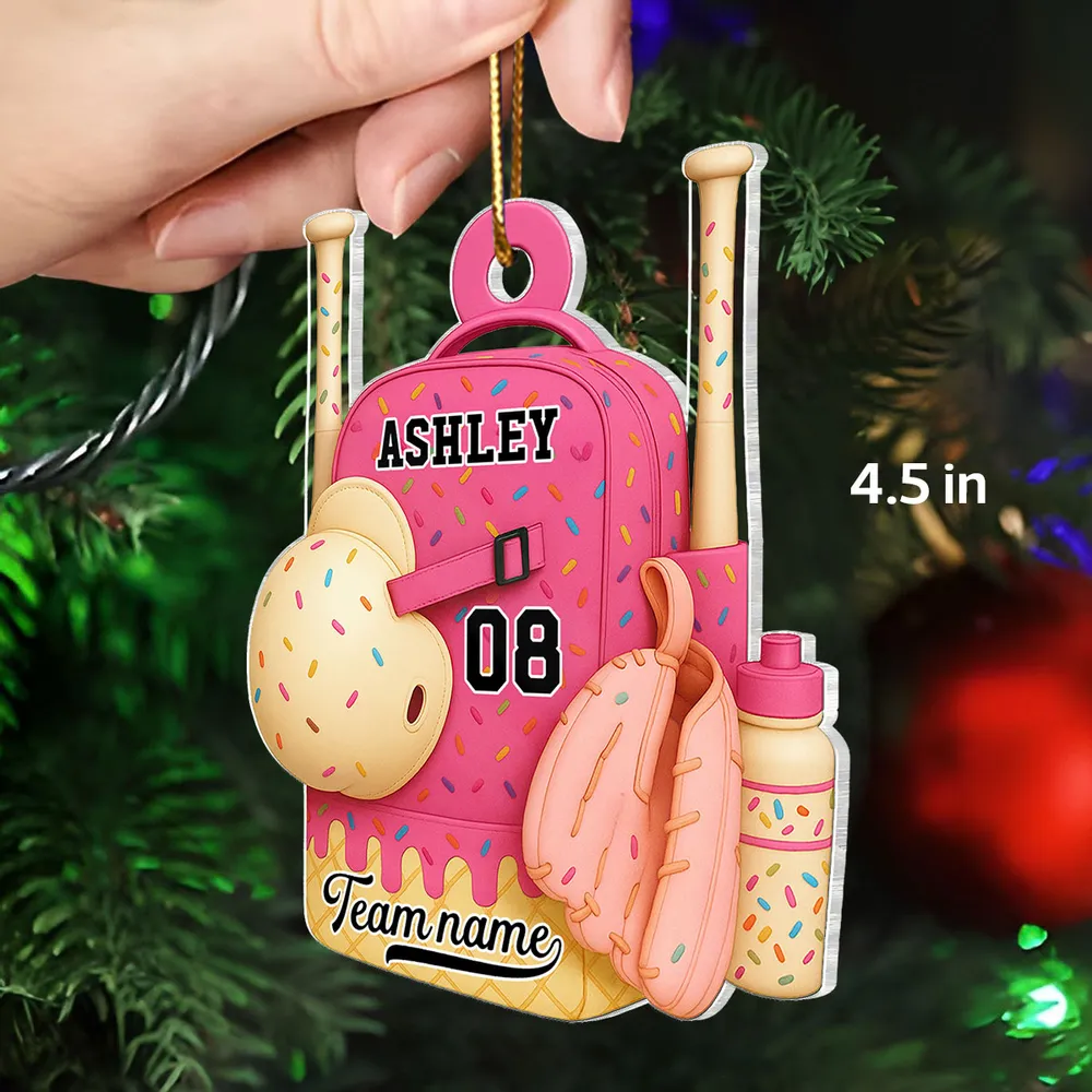 Acrylic Ornament Baseball Softball Backpack, customizable candy-sprinkle design for holiday tree, cute unique gift for kids - Image 2