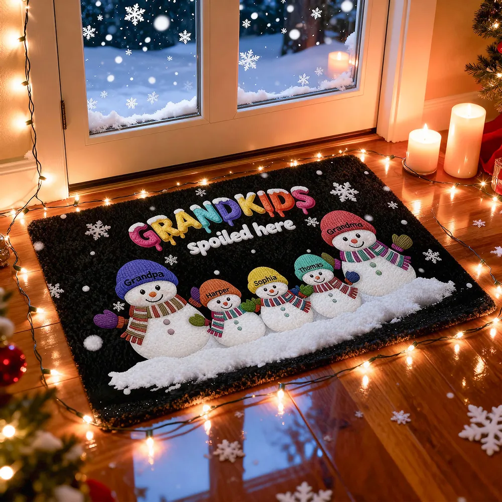 Doormat Personalized Snowman Family for Entryway, Grandkids Spoiled Here, cozy winter look, unique gift for Grandparents - Image 2