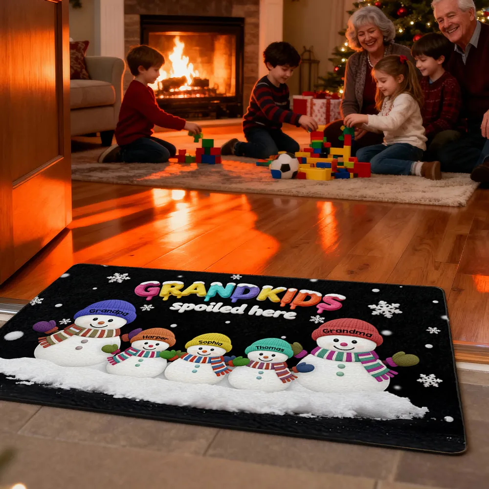 Doormat Personalized Snowman Family for Entryway, Grandkids Spoiled Here, cozy winter look, unique gift for Grandparents - Image 8