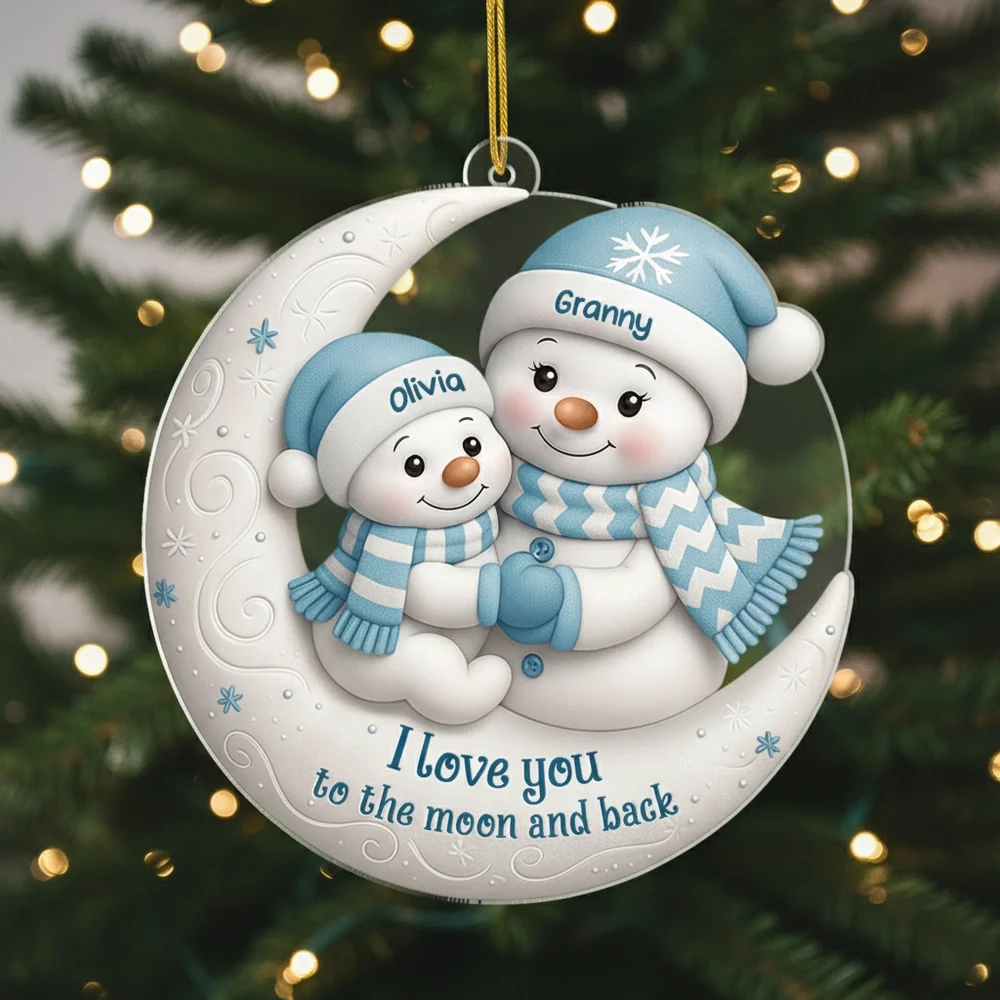 Acrylic Ornament with Snowman Moon Scene, I love you to the moon and back quote, creative Christmas gift for Mom, Grandma
