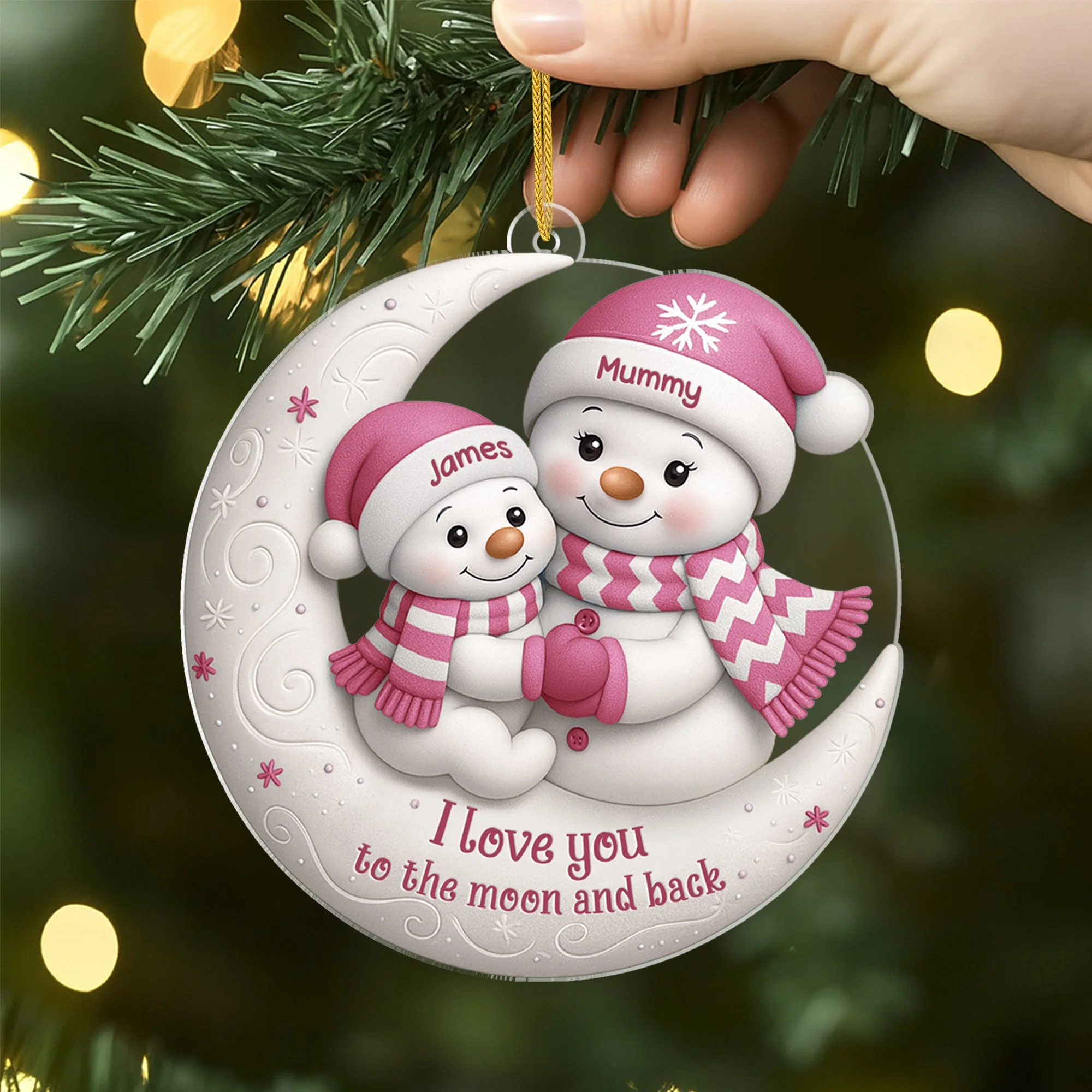 Acrylic Ornament with Snowman Moon Scene, I love you to the moon and back quote, creative Christmas gift for Mom, Grandma - Image 2