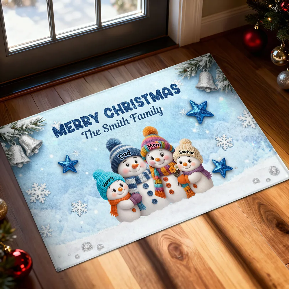 Doormat - Personalized Snowman Family Christmas Welcome, Non-Slip & Easy-Clean, cozy entryway decor, unique gift for families