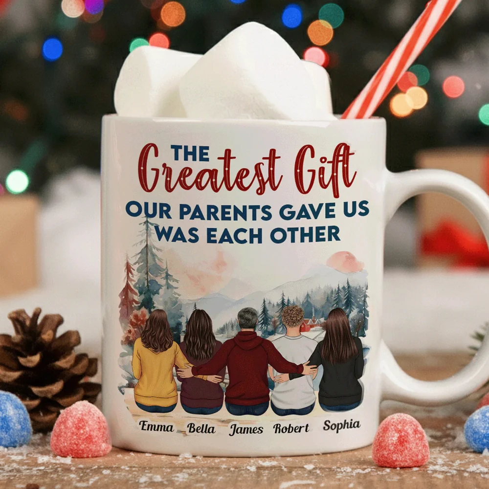 Family Mug with Illustration & Quote, siblings sitting in a snowy mountain scene, a unique gift for Mom & Dad