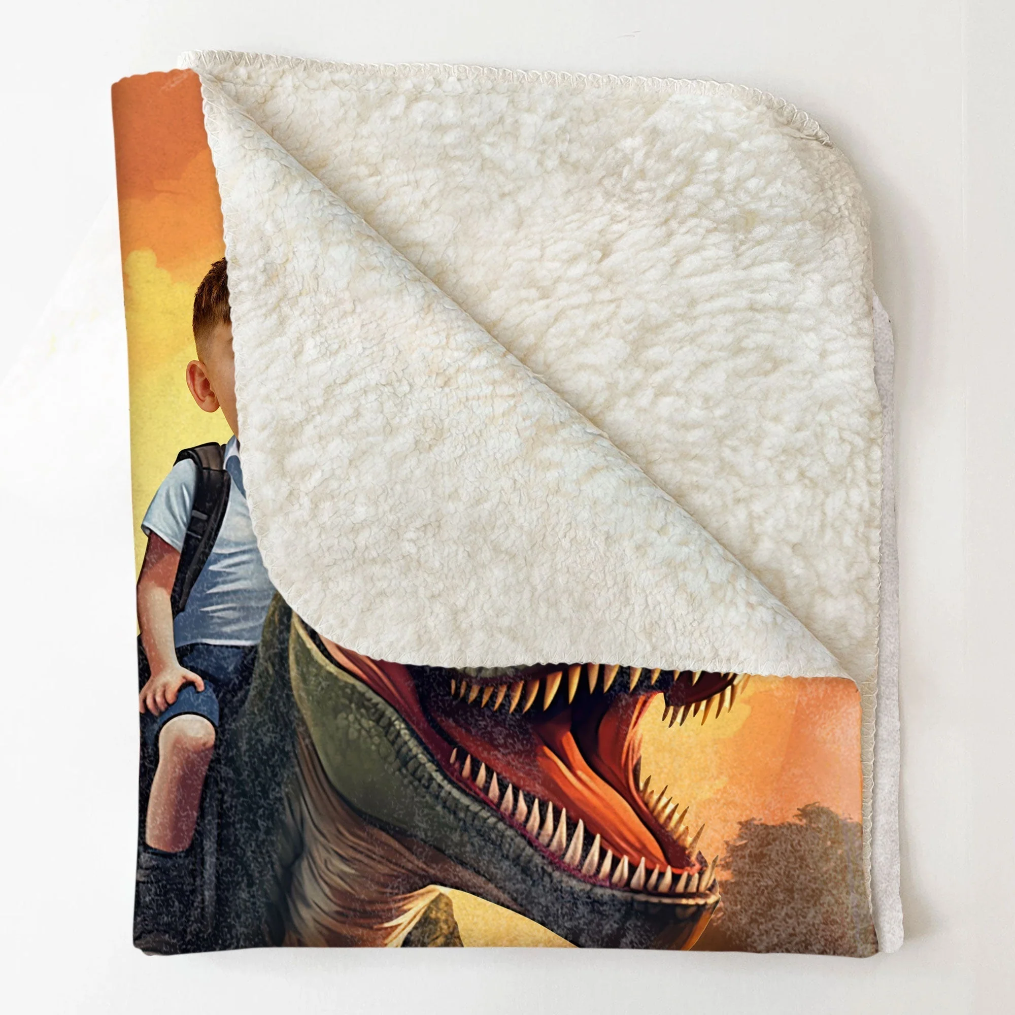 Fleece Blanket with Kid Riding a T-Rex, Customizable Dino Adventure Throw, sunset jungle, unique gift for kids - Image 8