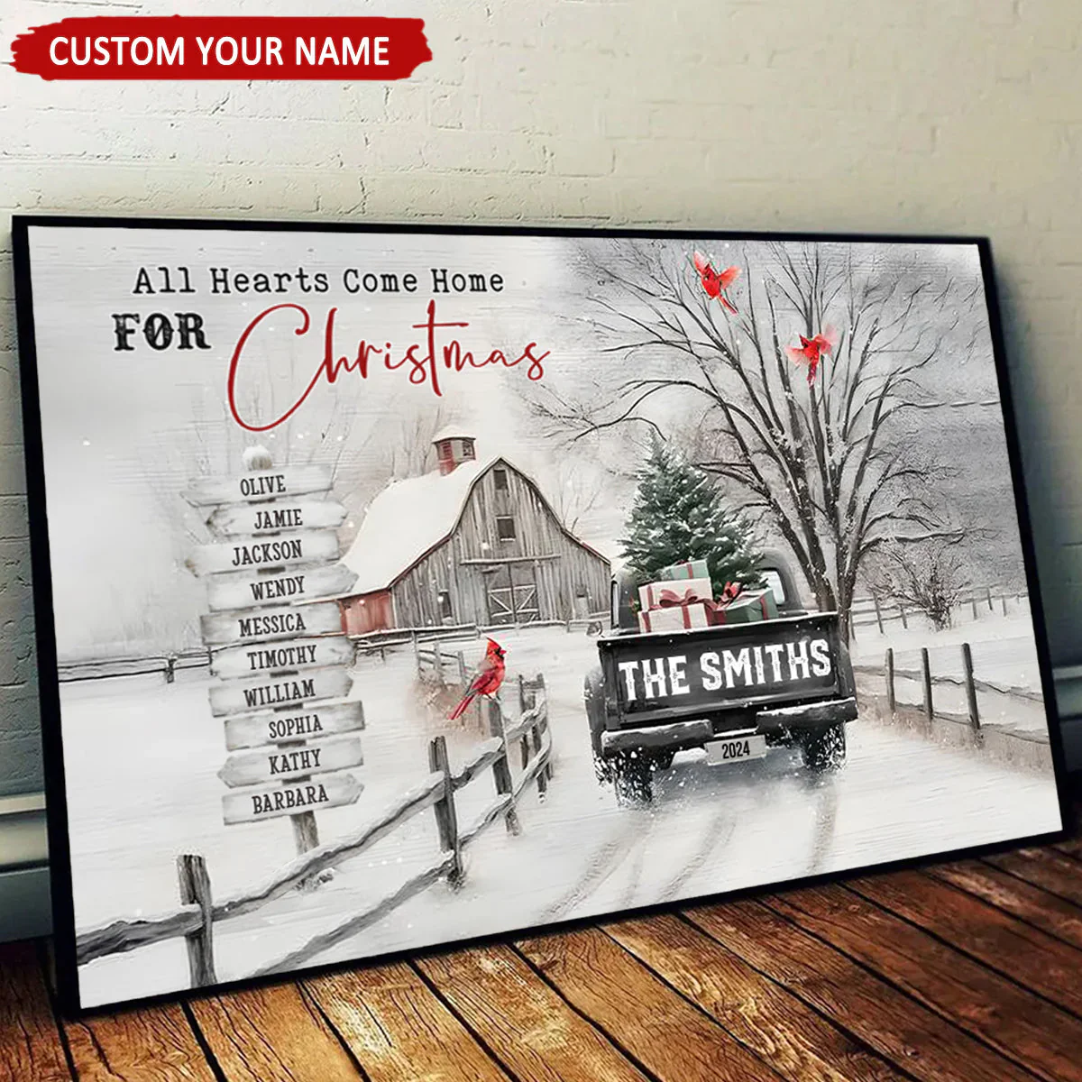 Personalized Snowy Country Christmas Family Name Canvas/Poster, Watercolor Barn & Evergreen Truck Modern Wall Art, Creative Holiday Gift - Image 2