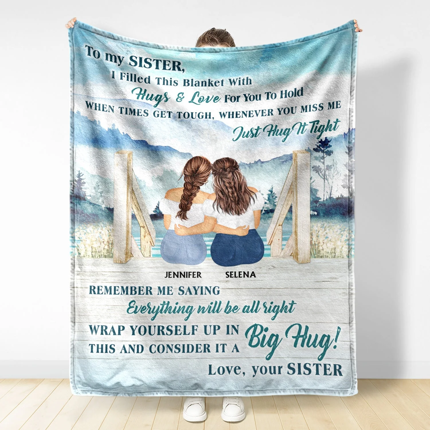 "To Our Sister" Personalized Custom Watercolor Sisters Hug Fleece Blanket, Unique Healing Gift for Sister, Friend, Soulmate - Image 2