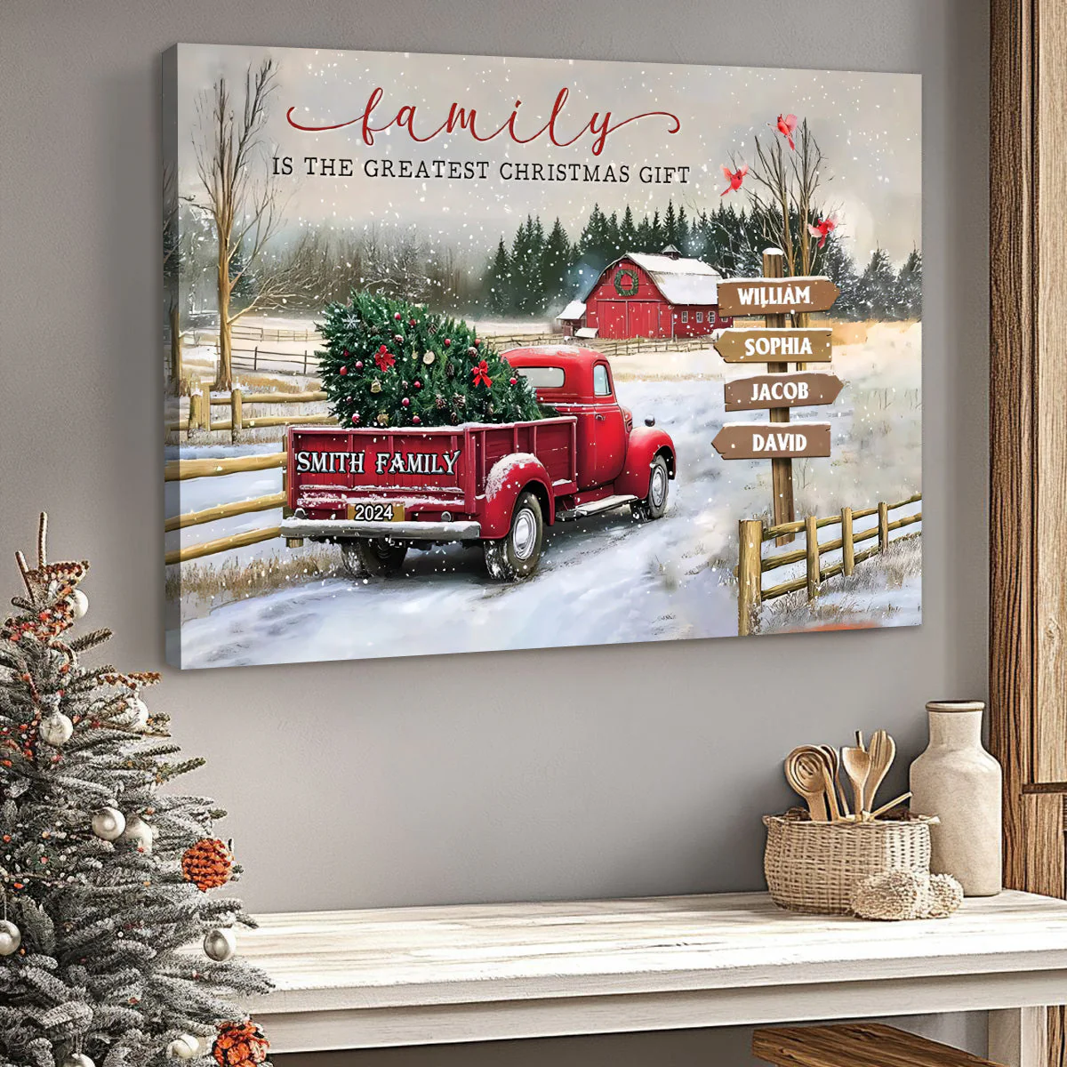 Christmas Poster, Vintage Red Truck Snow Scene, Family Is the Greatest Christmas Gift - unique gift for Mom or Family - Image 2