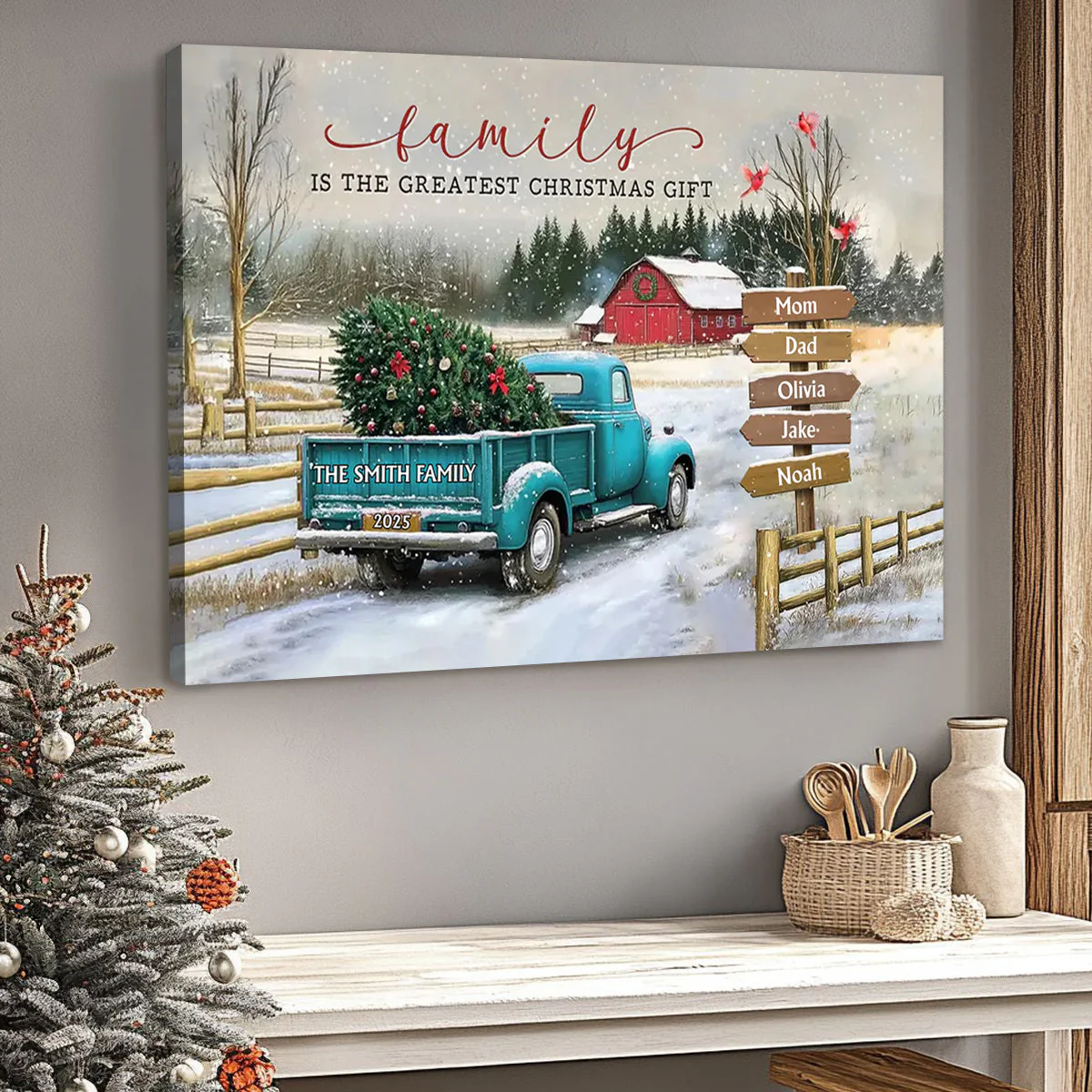 Christmas Poster, Vintage Red Truck Snow Scene, Family Is the Greatest Christmas Gift - unique gift for Mom or Family - Image 3