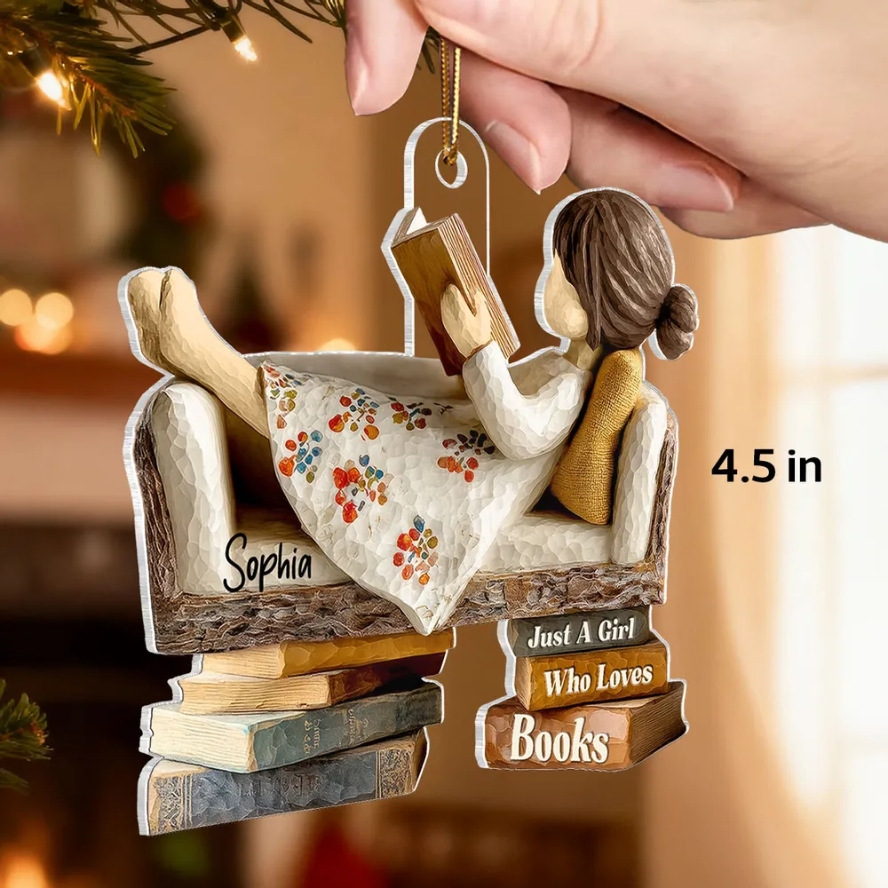 Personalized Acrylic Ornament for Book Lovers, cozy sofa reading scene, unique Christmas gift for Daughter or Friend - Image 2