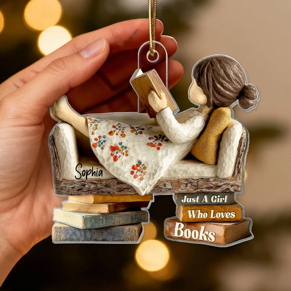 Personalized Acrylic Ornament for Book Lovers, cozy sofa reading scene, unique Christmas gift for Daughter or Friend - Image 5