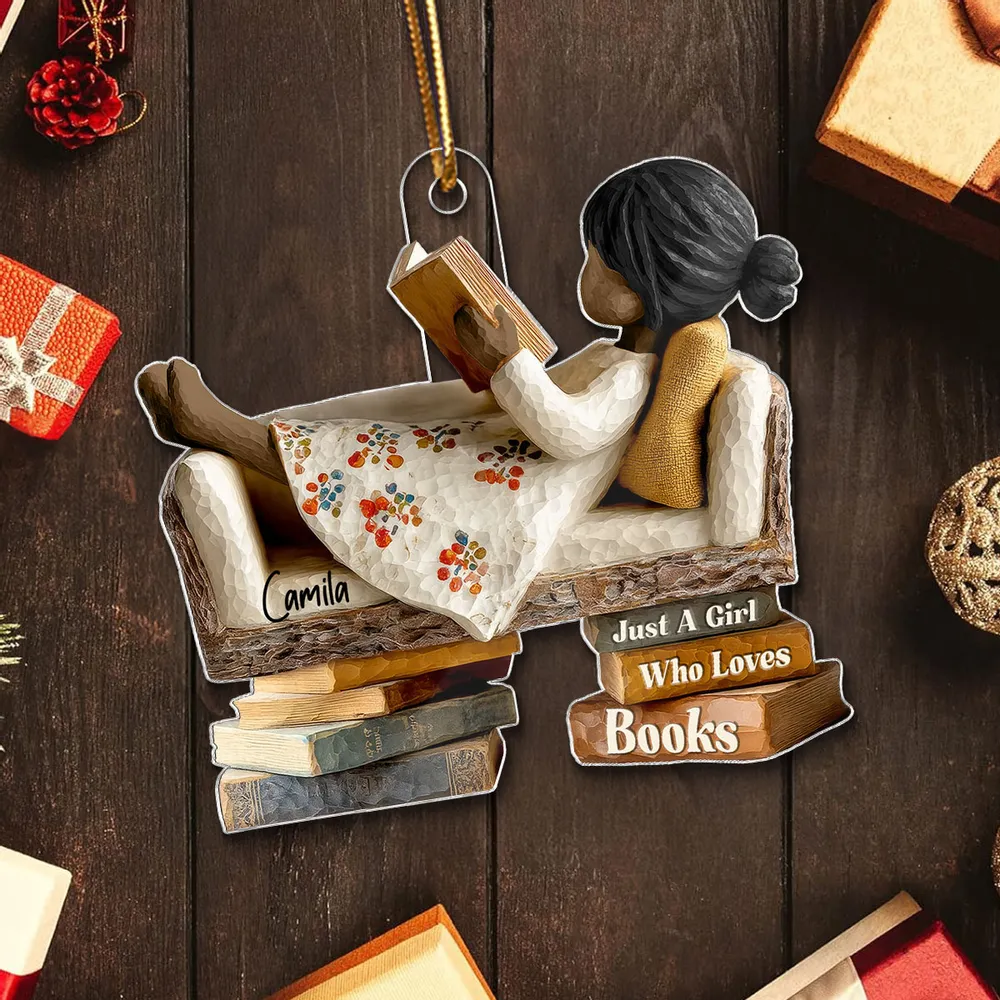 Personalized Acrylic Ornament for Book Lovers, cozy sofa reading scene, unique Christmas gift for Daughter or Friend - Image 6