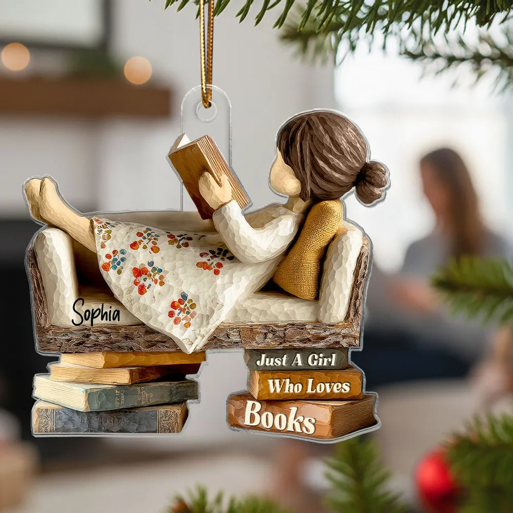 Personalized Acrylic Ornament for Book Lovers, cozy sofa reading scene, unique Christmas gift for Daughter or Friend - Image 7
