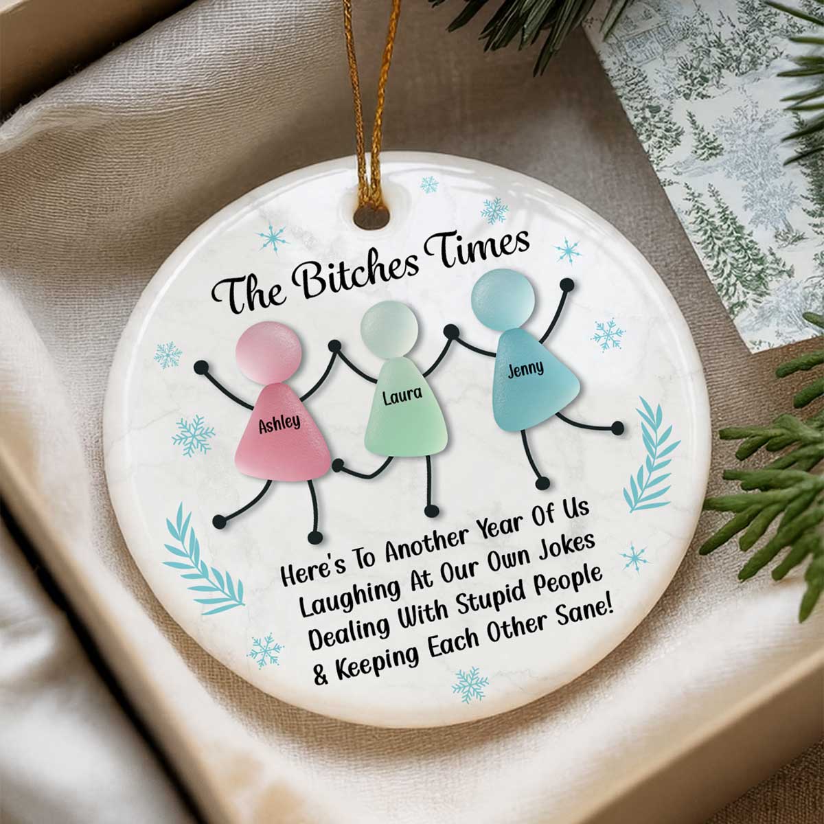 Personalized Sea Glass Best Friends Ornament, Funny Christmas Gift for Women, Custom Names, Snowflake Design, Holiday Keepsake - Image 2