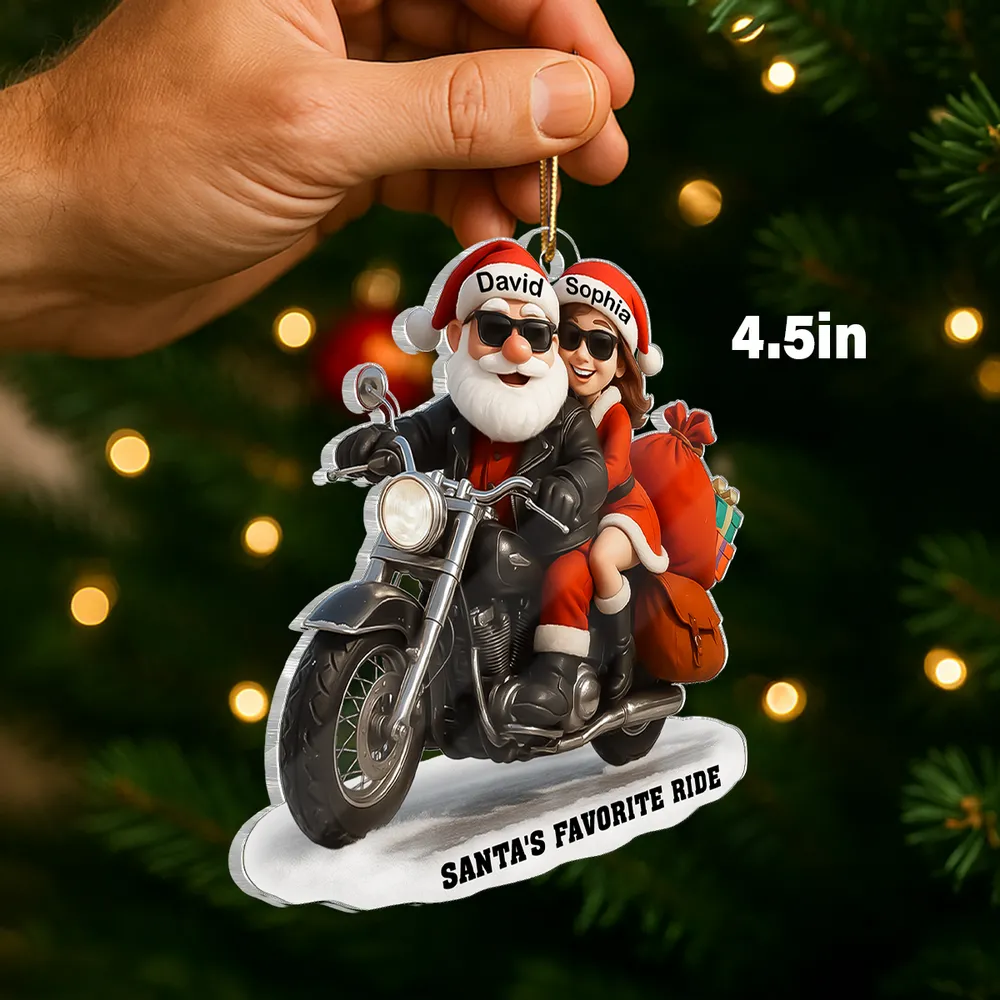 Acrylic Ornament Santa Biker Couple Ride, Christmas Tree Decor, Customizable Keepsake, Unique Gift for Couples - Image 2