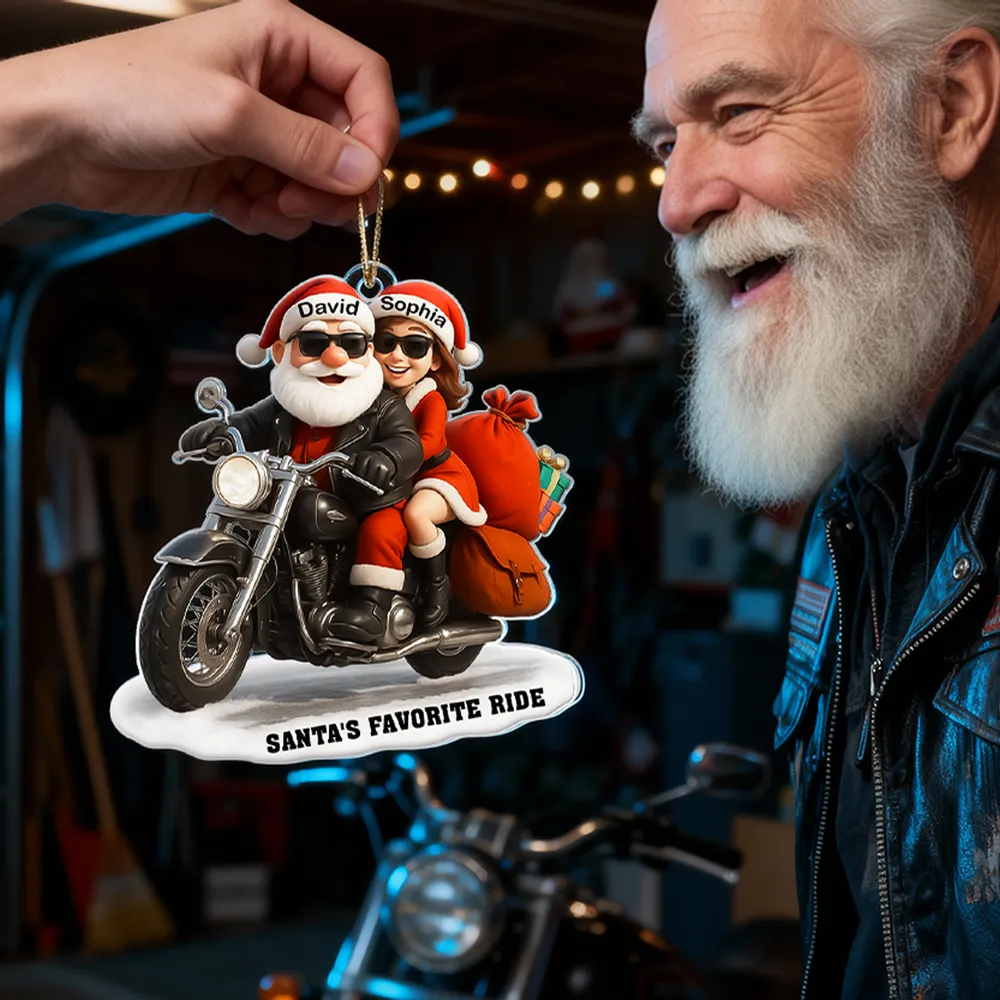 Acrylic Ornament Santa Biker Couple Ride, Christmas Tree Decor, Customizable Keepsake, Unique Gift for Couples - Image 3