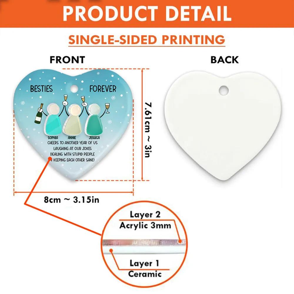 Personalized Besties Heart Ornament – Double-Layer Ceramic & Acrylic Design with Sea-Glass Look, Friendship Holiday Gift - Image 4