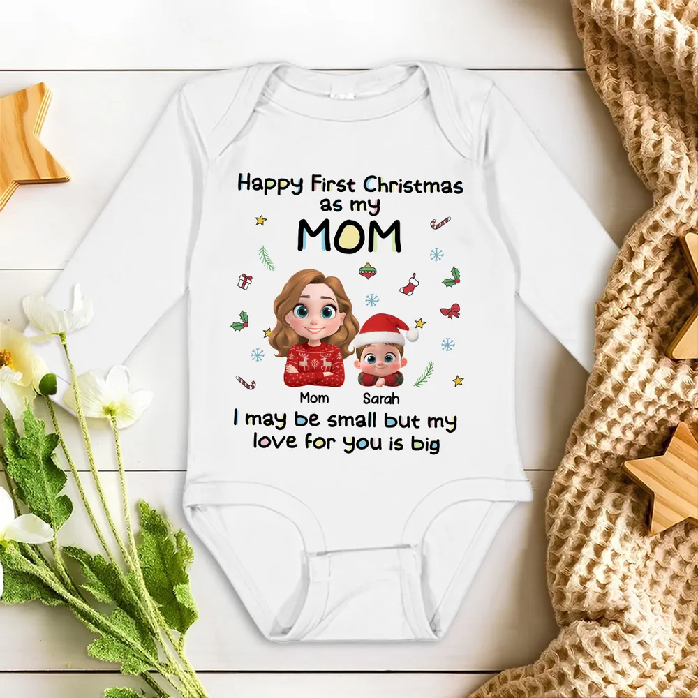 Long Sleeve Baby Onesie, First Christmas with Mom, Cute Cartoon Print, Cozy Holiday Outfit, Unique Gift for Mom & New Parents - Image 3