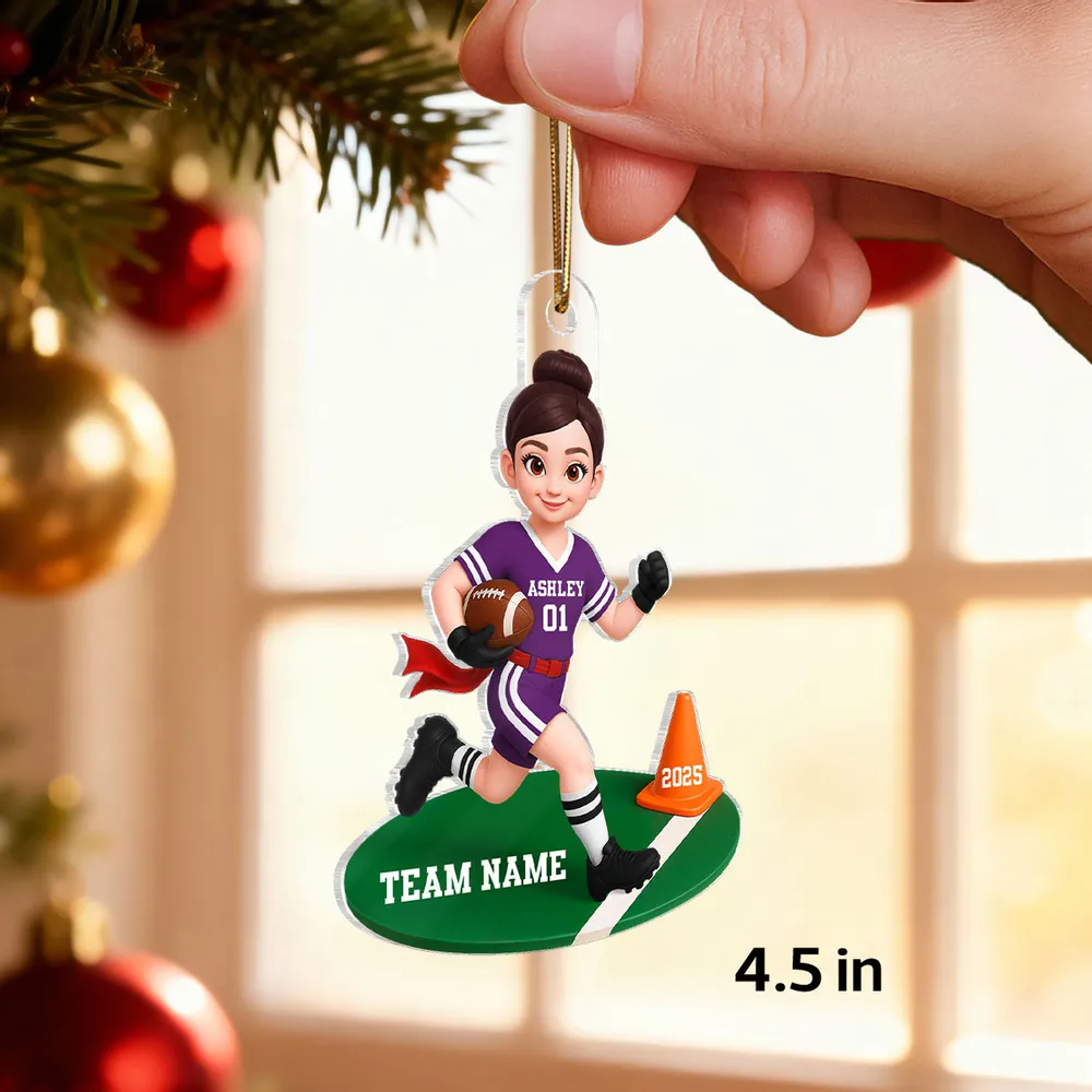 Acrylic Ornament Personalized Flag Football Kid Running on Field, Unique Christmas Tree Gift for Son - Image 2