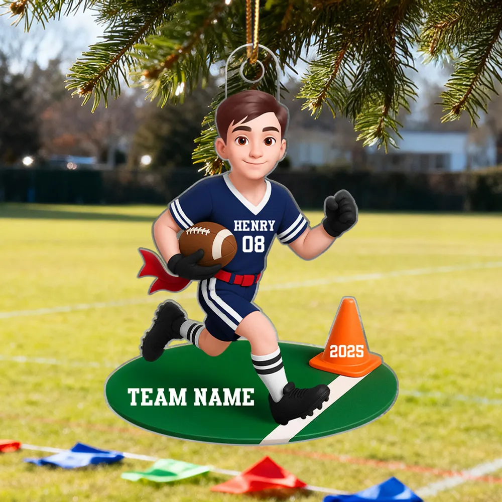 Acrylic Ornament Personalized Flag Football Kid Running on Field, Unique Christmas Tree Gift for Son - Image 5
