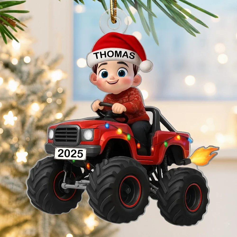 Personalized Acrylic Ornament - Kid Driving Monster Truck in Santa Hat - Christmas Tree Decor, Unique Gift for Kids