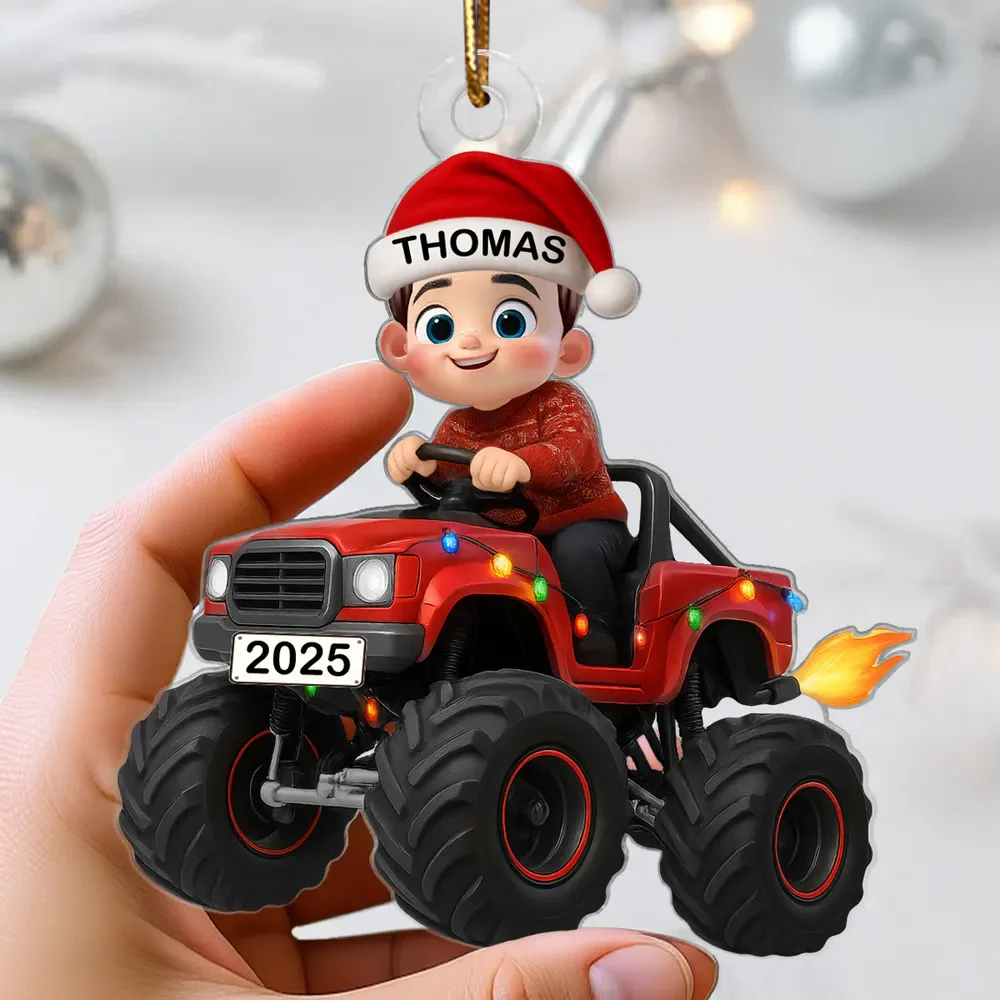 Personalized Acrylic Ornament - Kid Driving Monster Truck in Santa Hat - Christmas Tree Decor, Unique Gift for Kids - Image 2