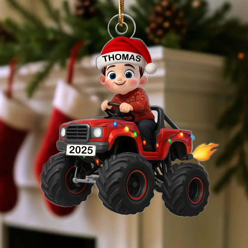 Personalized Acrylic Ornament - Kid Driving Monster Truck in Santa Hat - Christmas Tree Decor, Unique Gift for Kids - Image 6