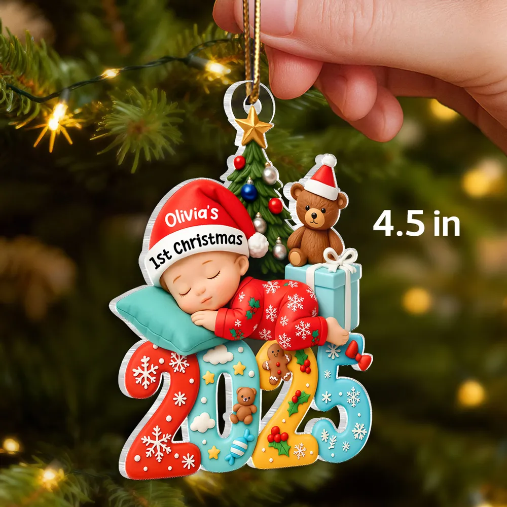 Acrylic Ornament Baby's First Christmas, sleeping baby and Christmas tree, festive keepsake, a unique gift for new parents - Image 2